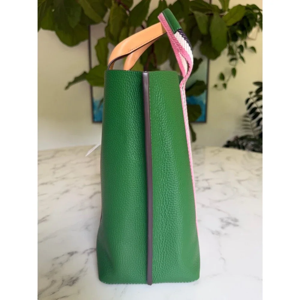 NWT Tory Burch Perry Multi Stripe Leather Triple Compartment Tote Arugula Green